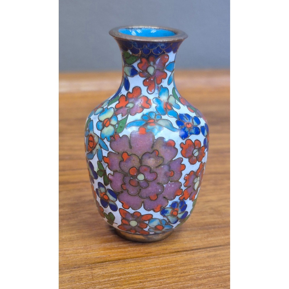 Vintage Miniature Cloisonne Vase 2" Floral Enamel Brass Chinese Style Bud Vase